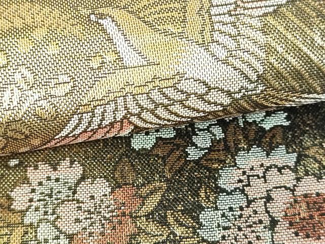 E2509★ 着物淡雪 ★ 正絹　6通袋帯　器物文様　扇に花や鳥 平和屋着物□六通柄袋帯 色紙花鳥文 金糸 正絹 逸品 DAAQ8427sf