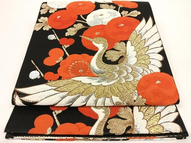 安いそれに目立つ 平和屋着物◎六通柄袋帯 唐織 飛鶴花文 黒地 金銀糸 正絹 逸品 着物・浴衣