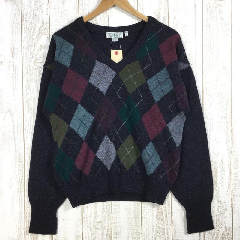 【Men's S チャコール系】 Llbean ( エルエルビーン ) アーガイル Vネック ラムウール ニット セーター アイルランド製 ビンテージ 入手困難 International Men's ウール ロングスリーブTシャツ クルーネ