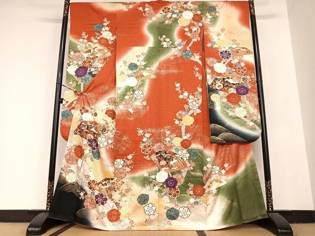 平和屋着物●豪華振袖 檜扇花文 暈し染め 金彩 正絹 AABB6399zg
