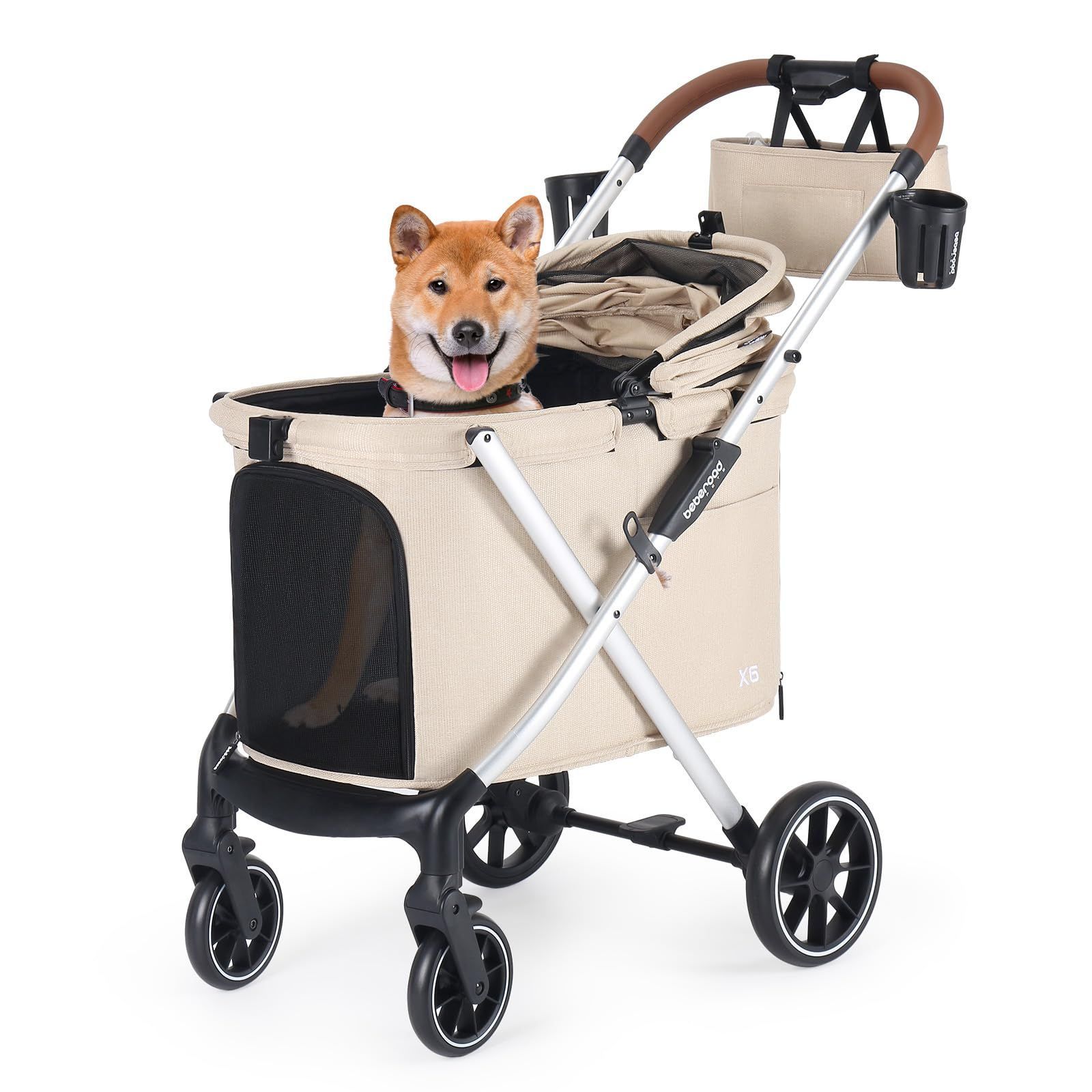 いぬ用カートワンタッチ キャリー 折りたたみ 折りたたみ ペット 後輪ブレーキ付 大型犬 中型犬 中型犬 多機能 多頭用 犬用ベビーカー 散歩 犬用バギー 前輪360°回転 外出便利 4輪 バギー 猫 耐荷重30kg ペットカート X6 ベージュ色 PET