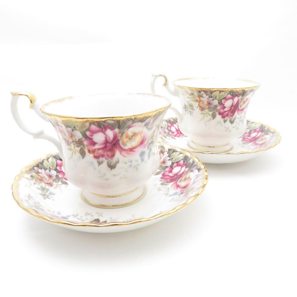 美品 ROYAL ALBERT ロイヤルアルバート オータムローズ ティーカップ＆ソーサー 2客 ペア 秋 薔薇 バラ 花 フラワー 紅茶 英国 SU8527K 