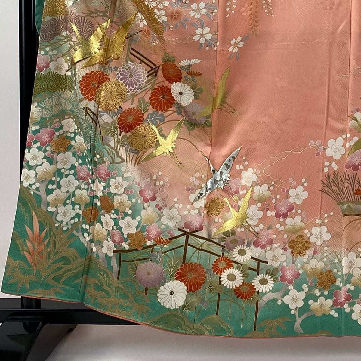 振袖 身丈159cm 裄丈64cm M 袷 鶴 松竹梅 金銀彩 金糸 サーモンピンク 正絹 秀品