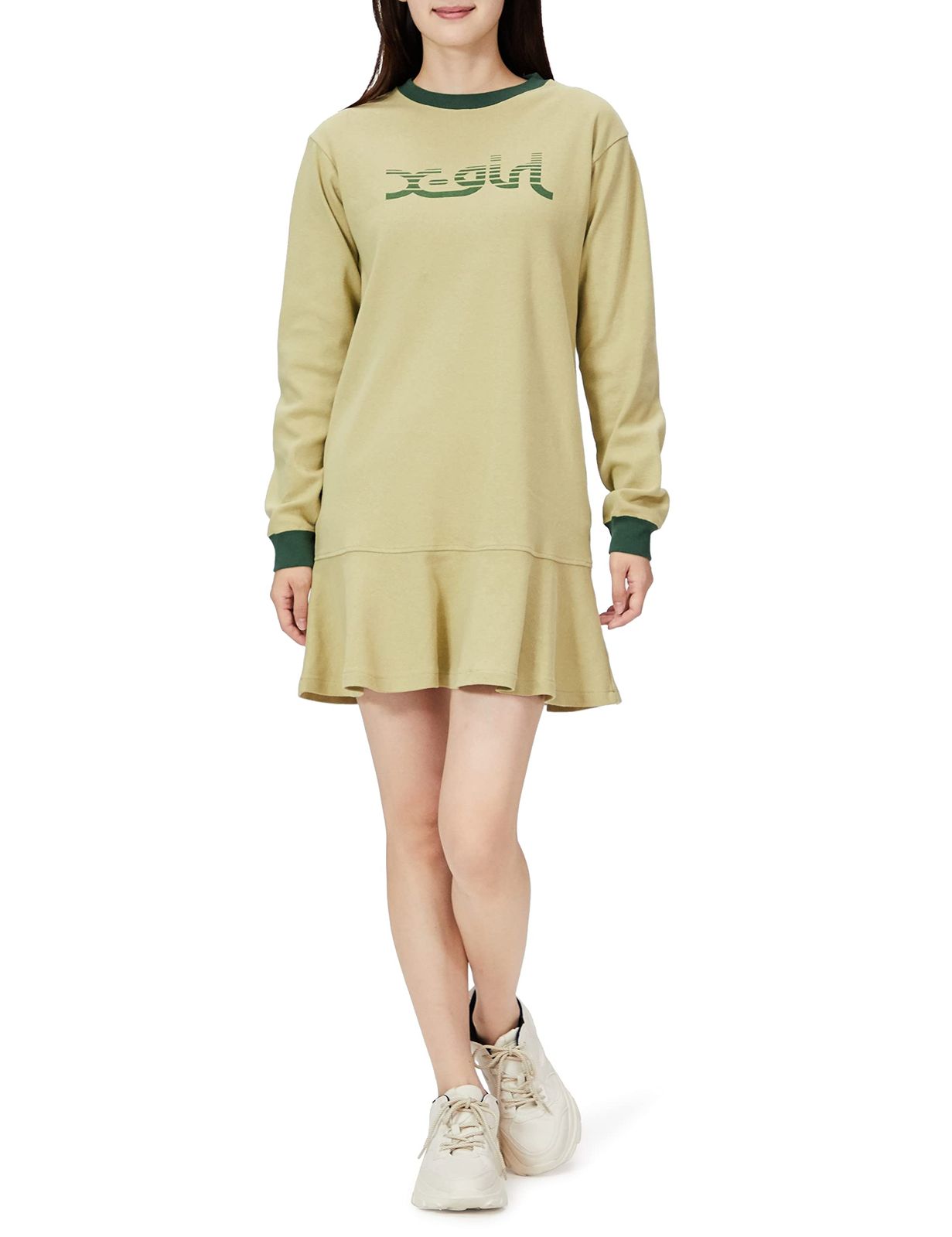エックスガール カジュアルドレス SLICE MILLS LOGO L|S TEE DRESS レディース BEIGE S