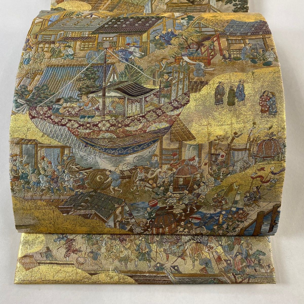 丸帯 洛中屏風絵大観 金糸 箔 金色 お太鼓柄 正絹