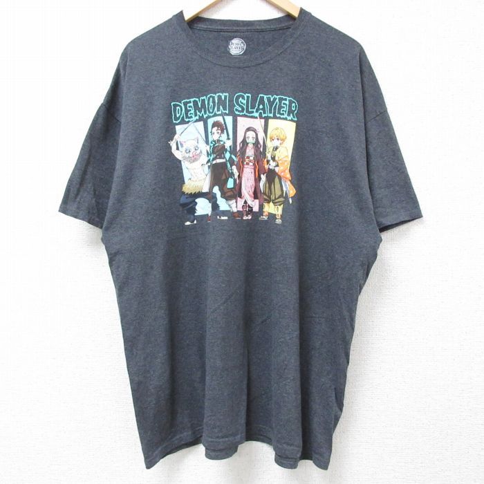 XL/古着 半袖 Tシャツ メンズ アニメ 鬼滅の刃 竈門炭治郎 禰豆子 大きいサイズ クルーネック 濃グレー 霜降り 24jul13 中古