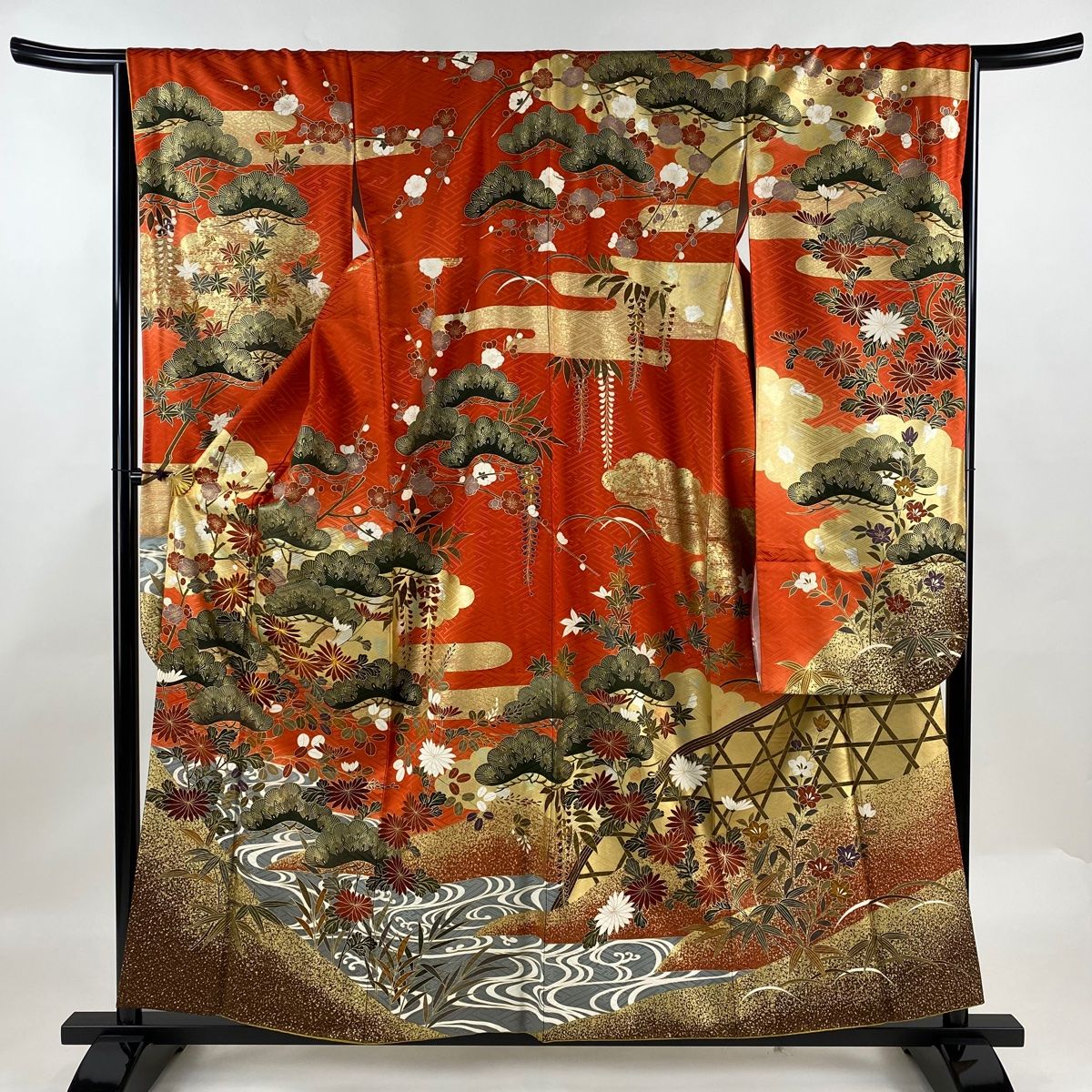 振袖 身丈157.5cm 裄丈66.5cm M 袷 松竹梅 菊 金糸 金銀彩 朱色 正絹 秀品