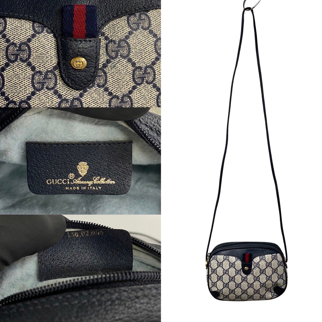 極 美品 GUCCI グッチ オールドグッチ シェリーライン GG ロゴ 柄 金具 レザー 本革 ミニ ショルダーバッグ ポシェット ネイビー  07148 - メルカリ