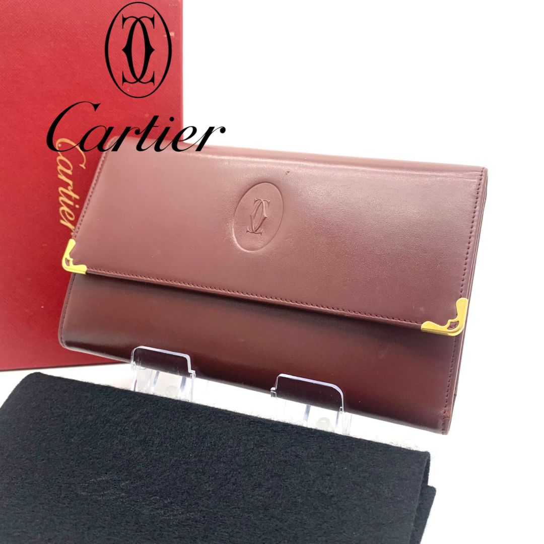 Cartier マストドゥ 三つ折り 長財布 カーフレザー 札入れ マストライン 角プレート ゴールド金具 ユニセックス 保存 き ボルドー