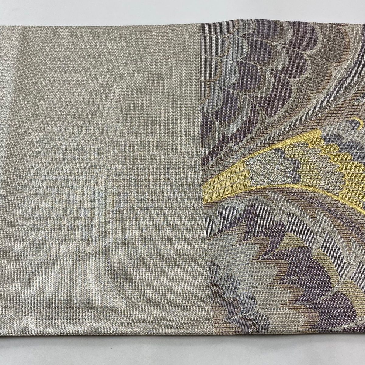 丸帯 未使用 正絹 六通 誉田屋源兵衛 七宝模様 箔糸 A1067-15 袋帯 美品 逸品 誉田屋源兵衛 落款 花 螺鈿箔 金銀糸 灰紫 六通