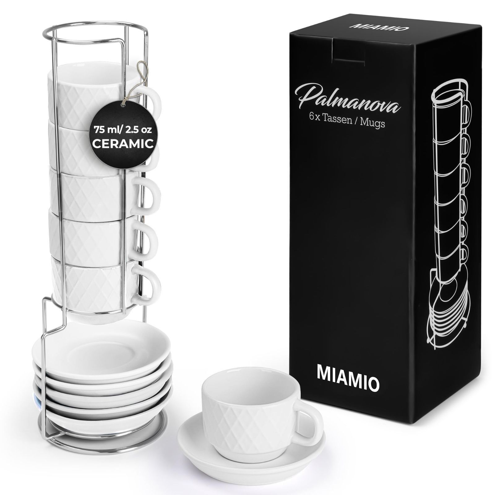 x 6個 ダイヤモンド柄の陶器製エスプレッソカップセット 75ml - - パルマノヴァコレクション MIAMIO ホワイト