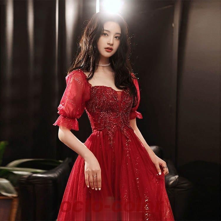 美品！ イブニングドレス ワインレッド ソフトチュール ロング 深  