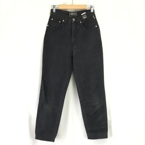 イタリア製 ヴェルサーチ|VERSACE JEANS COUTURE ウェーブ模様パンツ レディース27-41|股下68cm|黒|black メデューサボタン◆cBH576<sale>