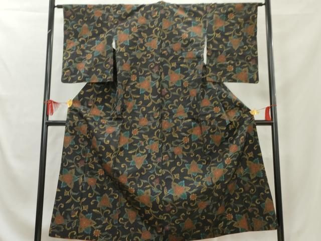 平和屋着物▽上質な小紋　単衣　紬地　花唐草文　正絹　逸品　AAAW7592fy 平和屋着物▽上質な小紋 単衣 紬地 花唐草文 正絹 逸品