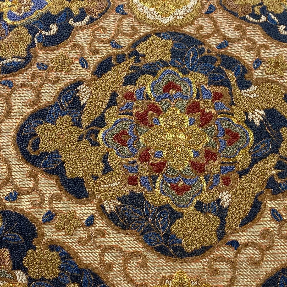袋帯 逸品 花菱 花唐草 総刺繍 金糸 金色 六通 正絹 【中古
