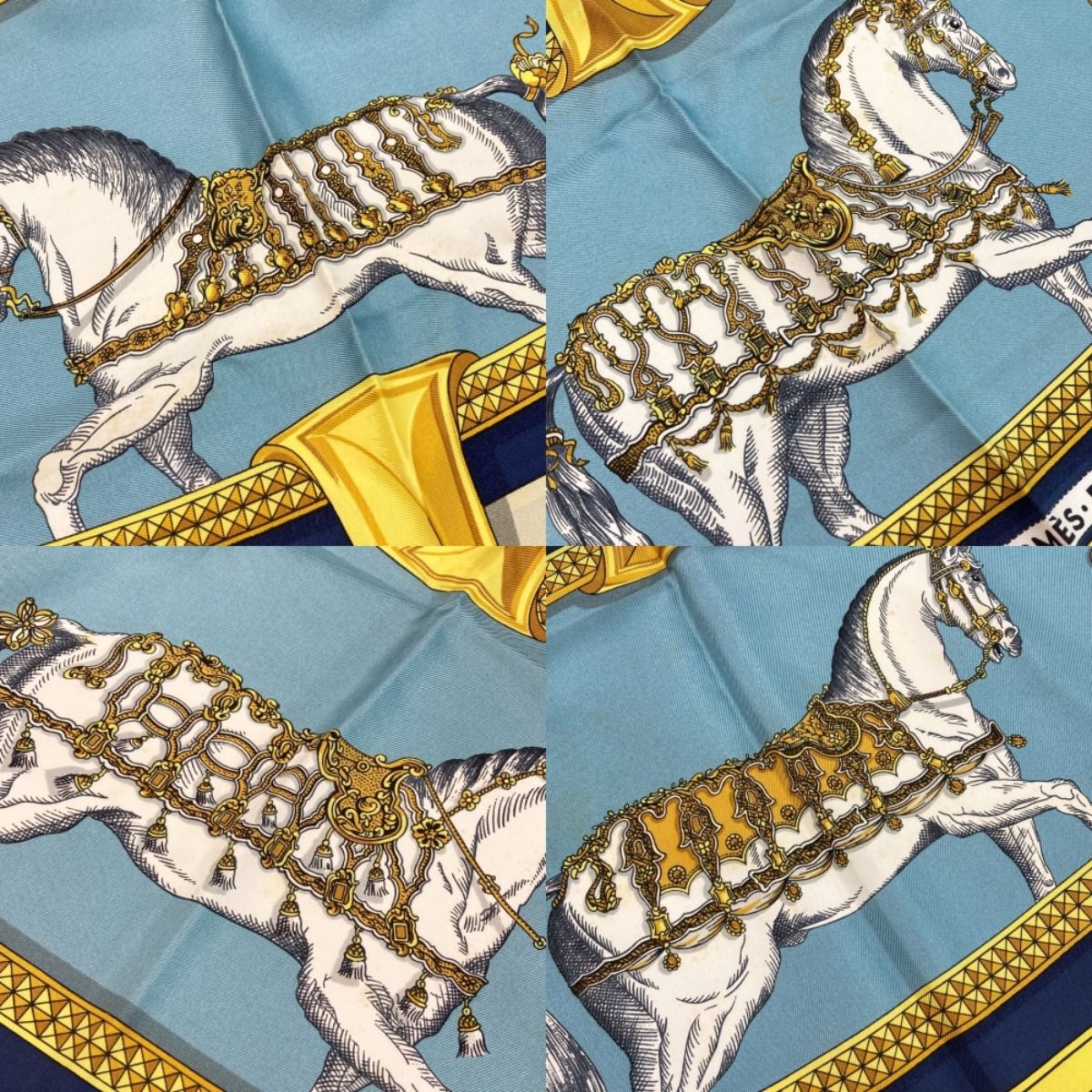 エルメス カレ 90 ブルー系 馬車 GRAND APPARAT 質屋 エルメス HERMES カレ90 GRAND APPARAT 盛装の馬 青 紺 赤 ブルー