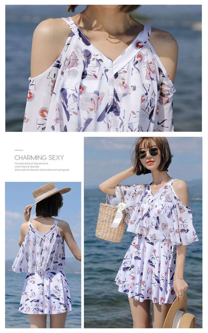 オフショルダー 水着 ワンピース レディース ワンピース水着 体型カバー セパレート パンツ式 胸パッド付き 柄物 プリント柄 ぽっちゃり 二の腕 カバー 女性 女子 セクシー おしゃれ 20代 30代 40代 gaofei05