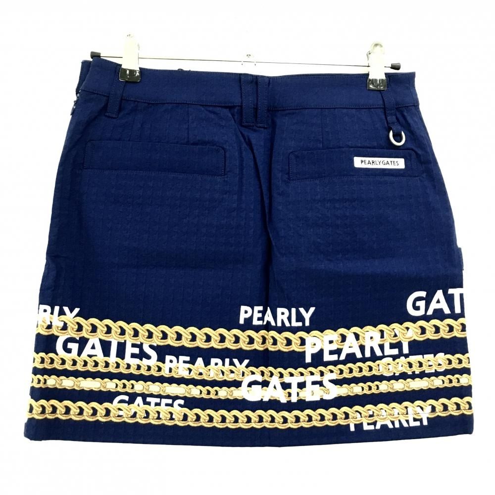 パーリーゲイツ スカート ネイビー×ゴールド チェーン柄 凸凹生地 サイドファスナー レディース 0 S ゴルフウェア PEARLY GATES