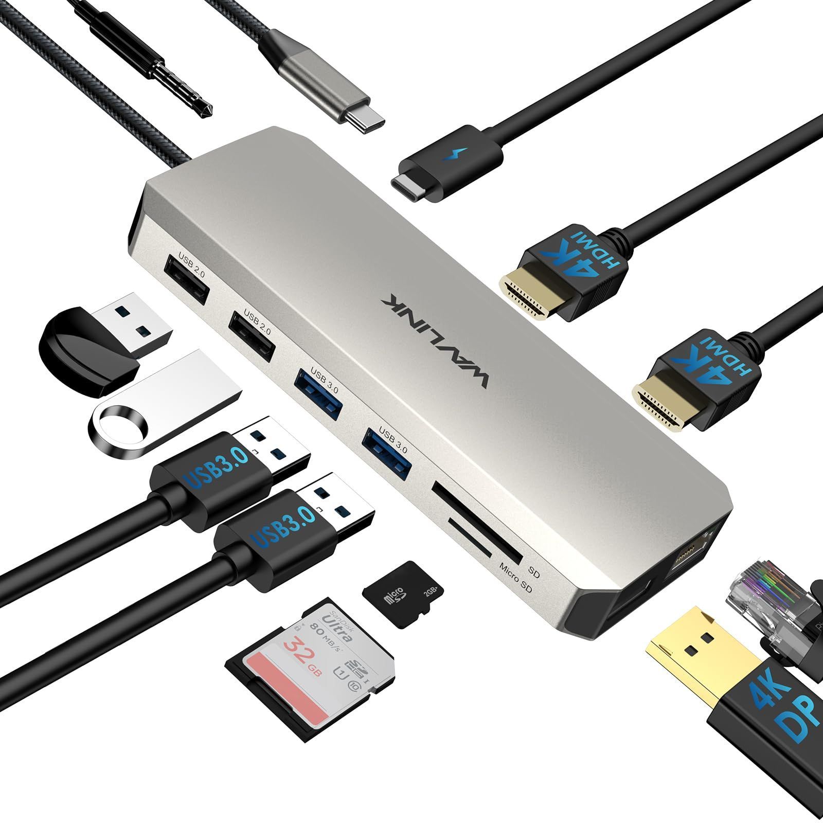 在庫 WAVLINK USB Type-C ハブ HDMI 4K出力 ミニドッキングステーション 12-in-1 多機能 USB 3.0変換アダプター2*USB3.0ポート|2*USB2.0ポート| LANポートRJ45 1000Mbps DP 4K6