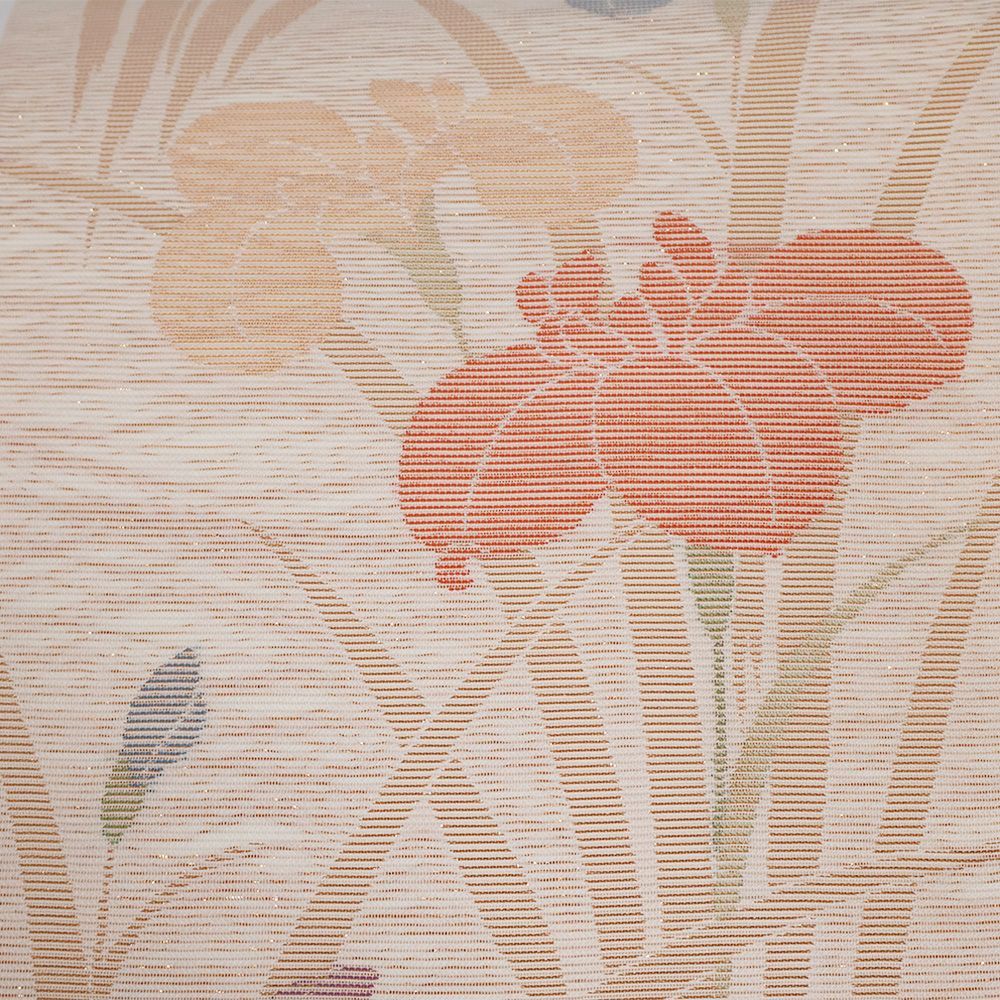 紗 袋帯 正絹 ベージュ 菖蒲 Mサイズ F7897 美品 夏帯 盛夏 単衣 紗 袋帯 正絹 ベージュ 菖蒲 Mサイズ F7897 美品 夏帯 盛夏 単衣