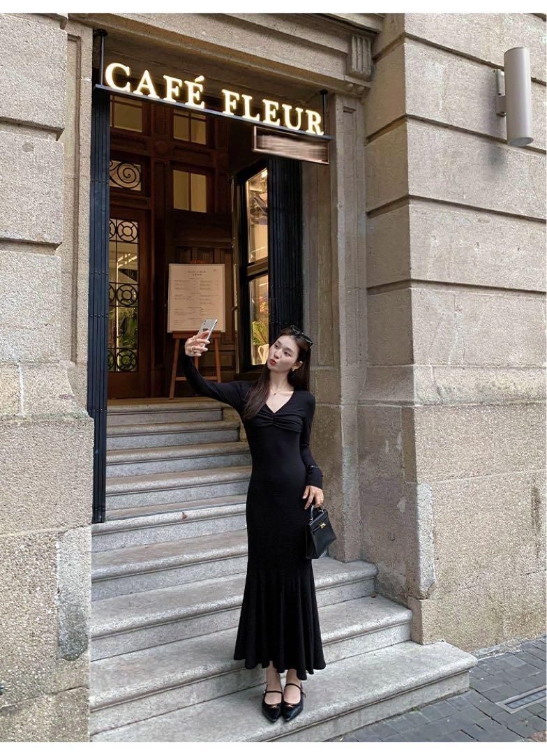 春コーデ ロングVネックワンピース ヒップハグフィッシュテールスカート NEXPOTALLINN_EU