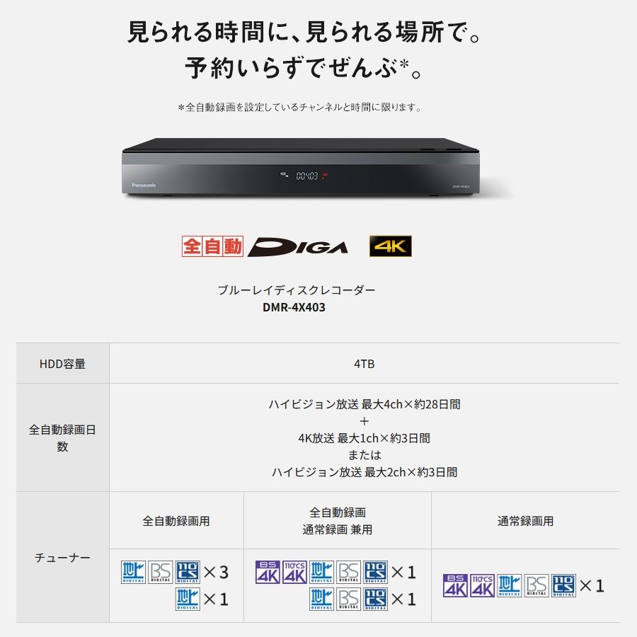 パナソニック DIGA ブルーレイディスクレコーダー DMR-4 X 403 4 Kチューナー内蔵 全自動ディーガ TB