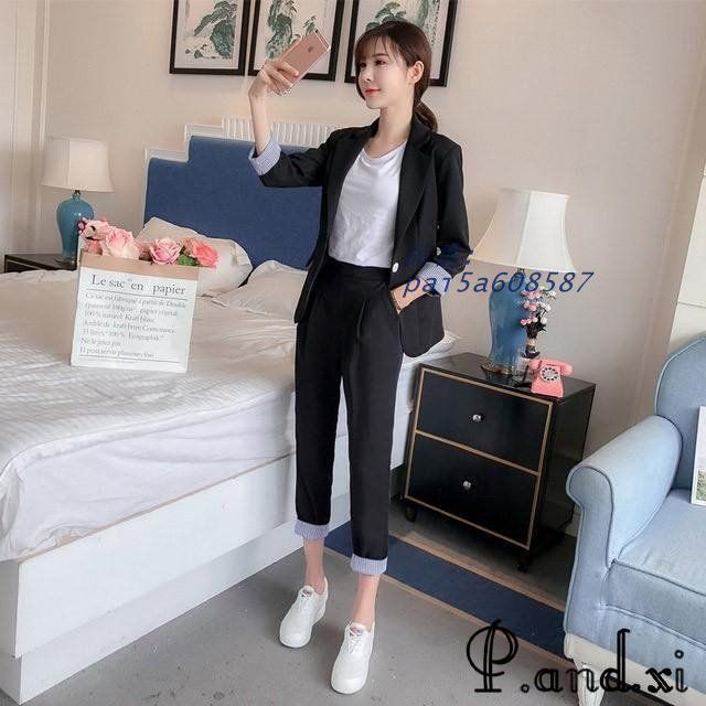 レディースファッション スーツ レディース 30代 40代 ブラック 2点セット パンツスーツ OL 通勤 春 秋 オフィススーツ フォーマル ビジネス pai5a608587