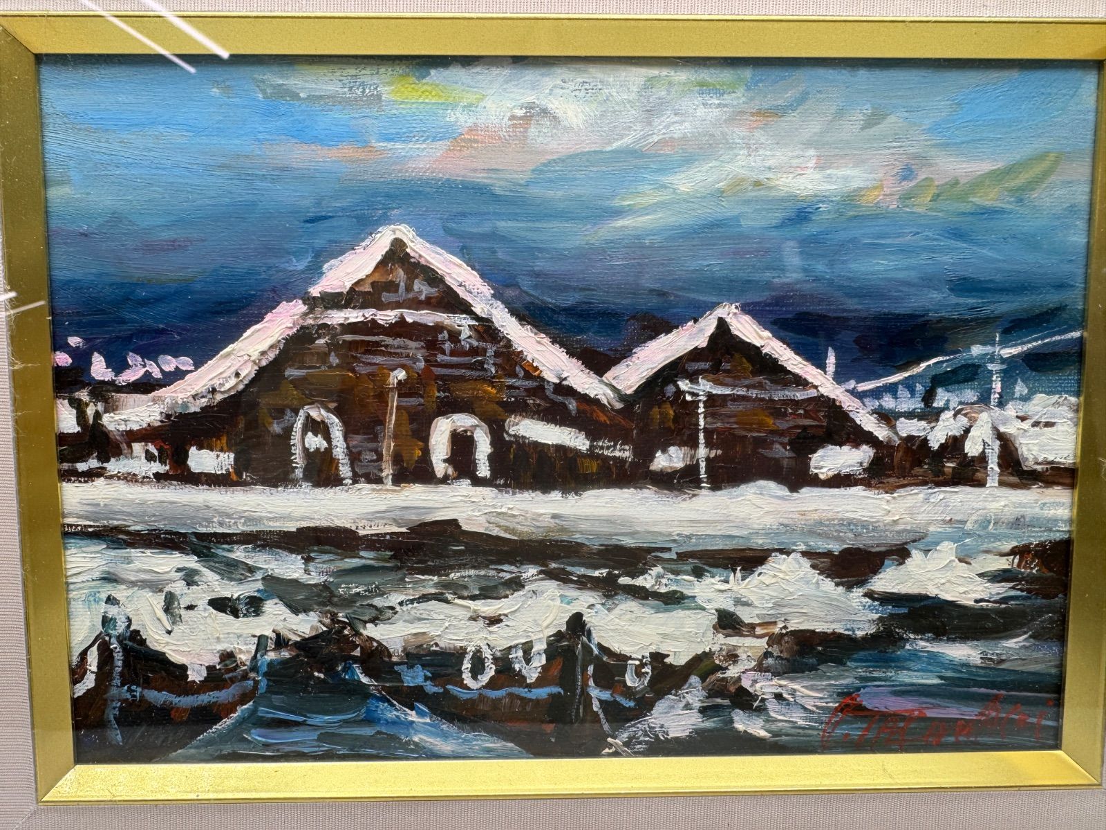 J08145 【真作保証】高橋益之 冬の小樽運河 力強い傑作 油絵