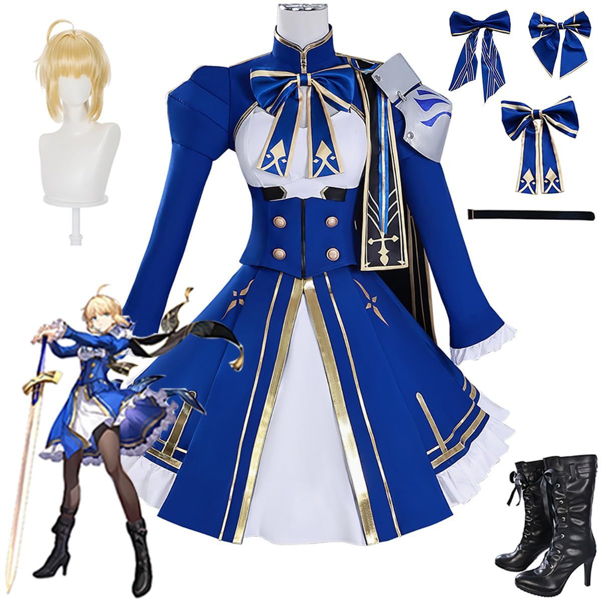 五次元 崩壊スターレイル セイバー コスプレ衣装 Saber コスチュームセット Fate コラボ キャラ 戦闘服 髪飾り付き ウィッグ|靴追加 BJ0919ML03