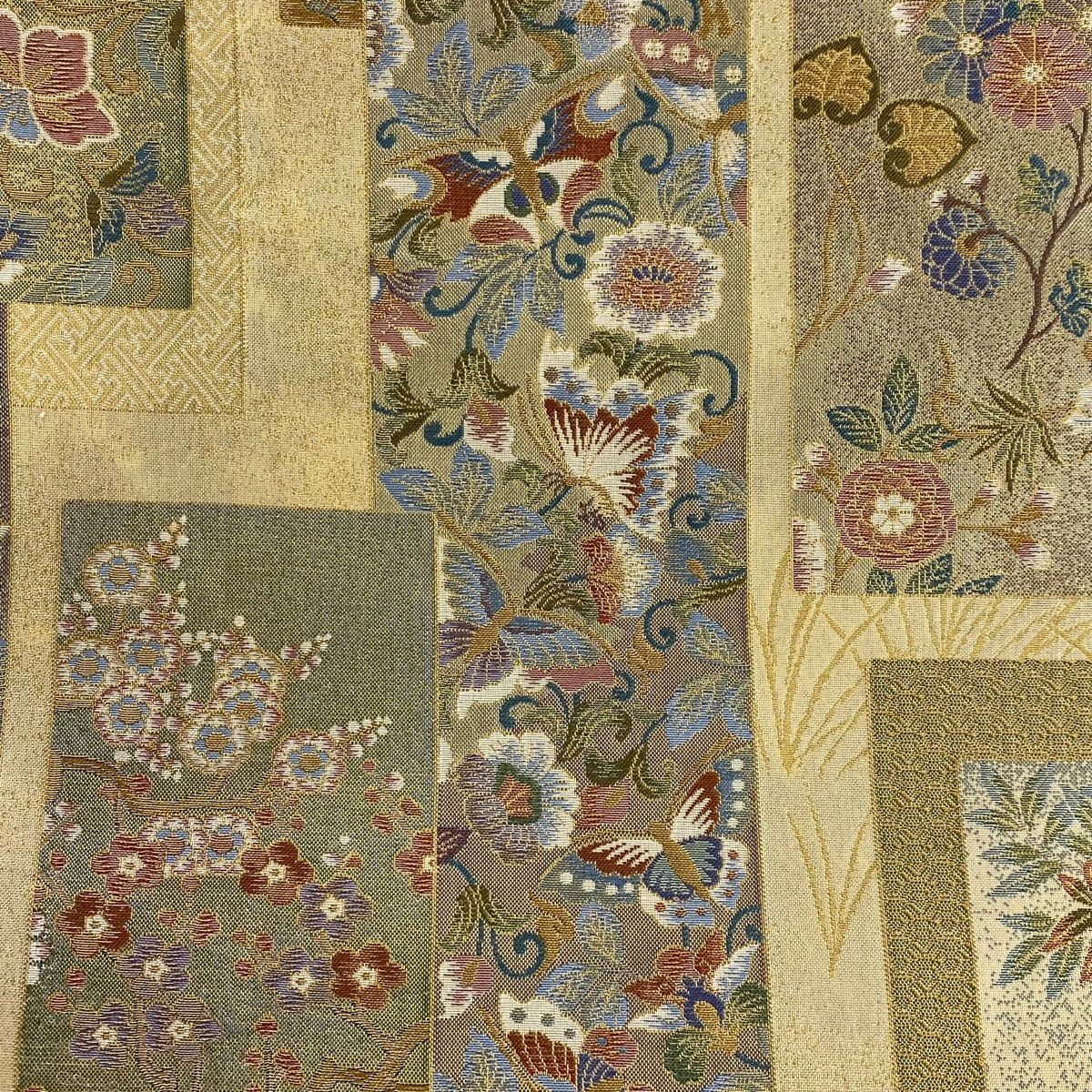 丸帯 伝承国宝図 草花 鳥 金糸 箔 金色 お太鼓柄 正絹