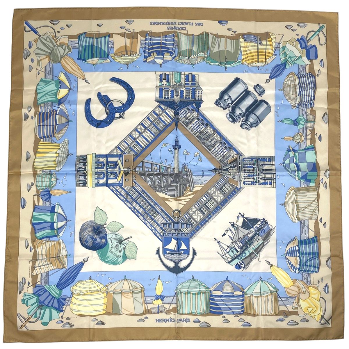 エルメス HERMES カレ 90 CHARMES DES PLAGES NORMANDES ノルマンディ海岸の魅力 スカーフ シルク ベージュ マルチ レディース