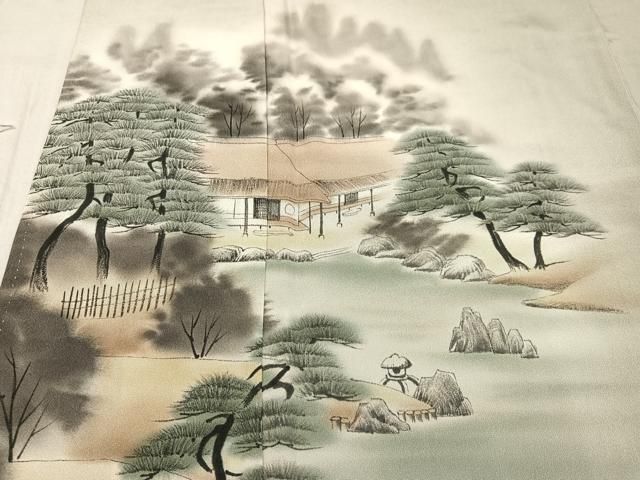 平和屋着物□訪問着 手描き 渡橋風景松文 暈し染め 正絹 逸品 AAAX1433ph