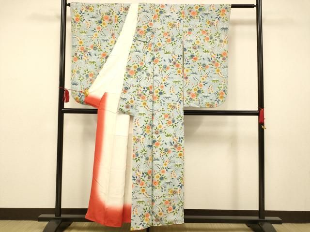 平和屋着物□上質な小紋 型染め 花唐草文 鬼しぼ縮緬 正絹 逸品  