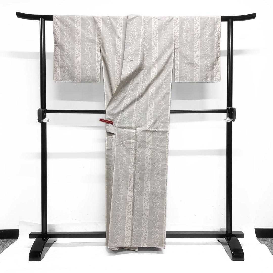 小紋白大島紬唐草縦縞ホワイトお洒落着物014a d