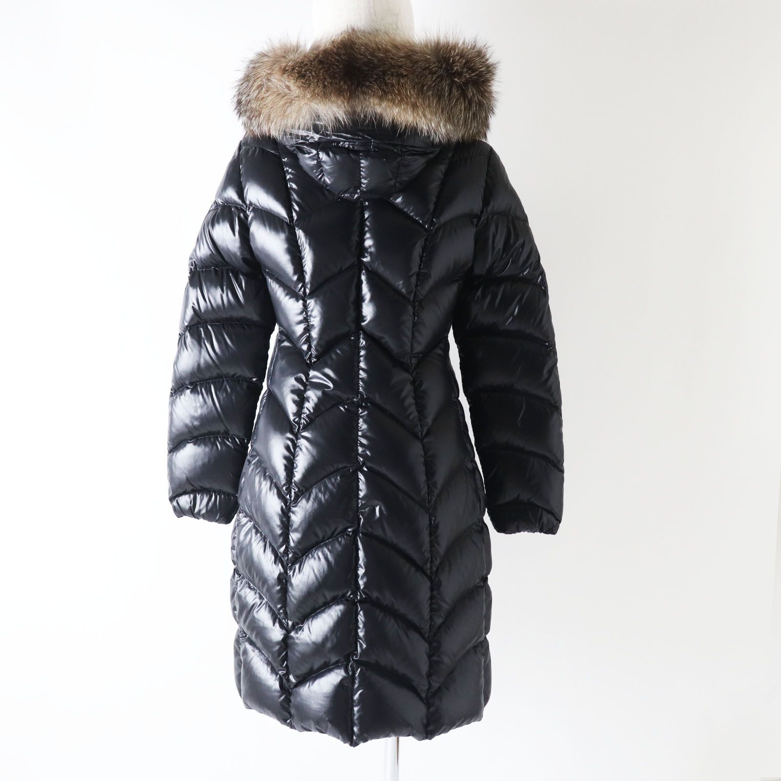 極美品 MONCLER モンクレール ALBIZIA ロゴワッペン フォックスファー・フード付き ZIP ロングダウンコート ブラック 1 レディース