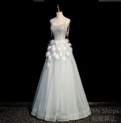 パーティードレス 結婚式 シフォン レース 袖なし キャミソールドレス ホワイト 二次会 ウェディングドレス 編み上げ 羽根デコレーション きらきら 上品 フリル Aライン フ ロングドレス ml330cp19