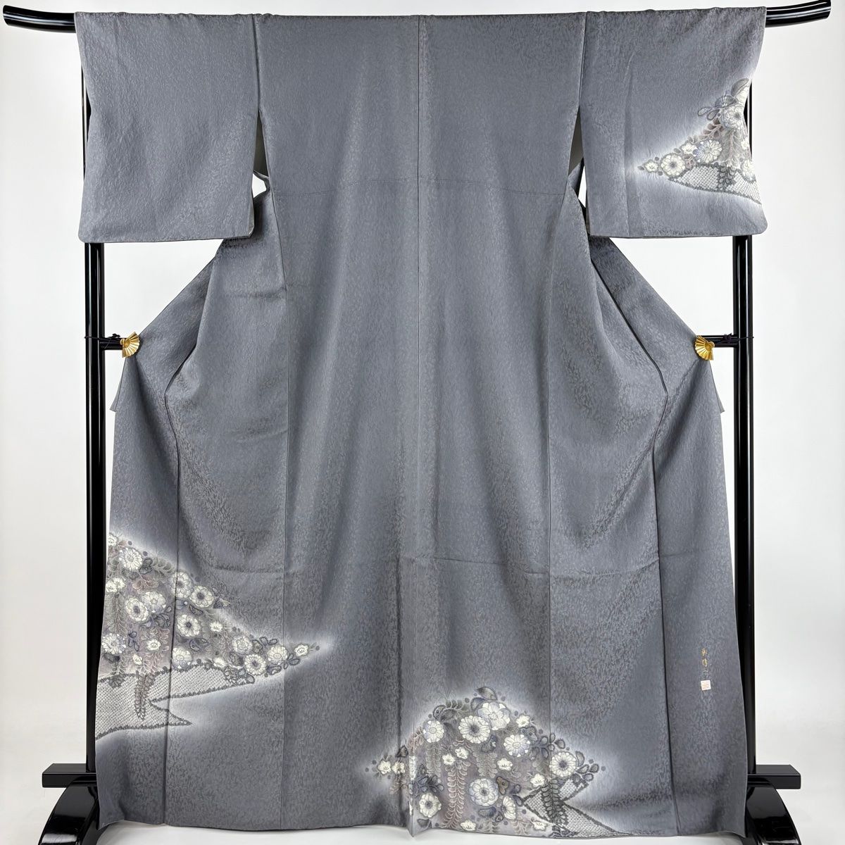 値下げ！ 名古屋帯 ★ 辻が花 開き仕立て 新品 花柄 グレー絹 袋帯 美品 名品 辻ヶ花柄 斜め格子 銀糸 ぼかし 薄紫 全通 正絹 【