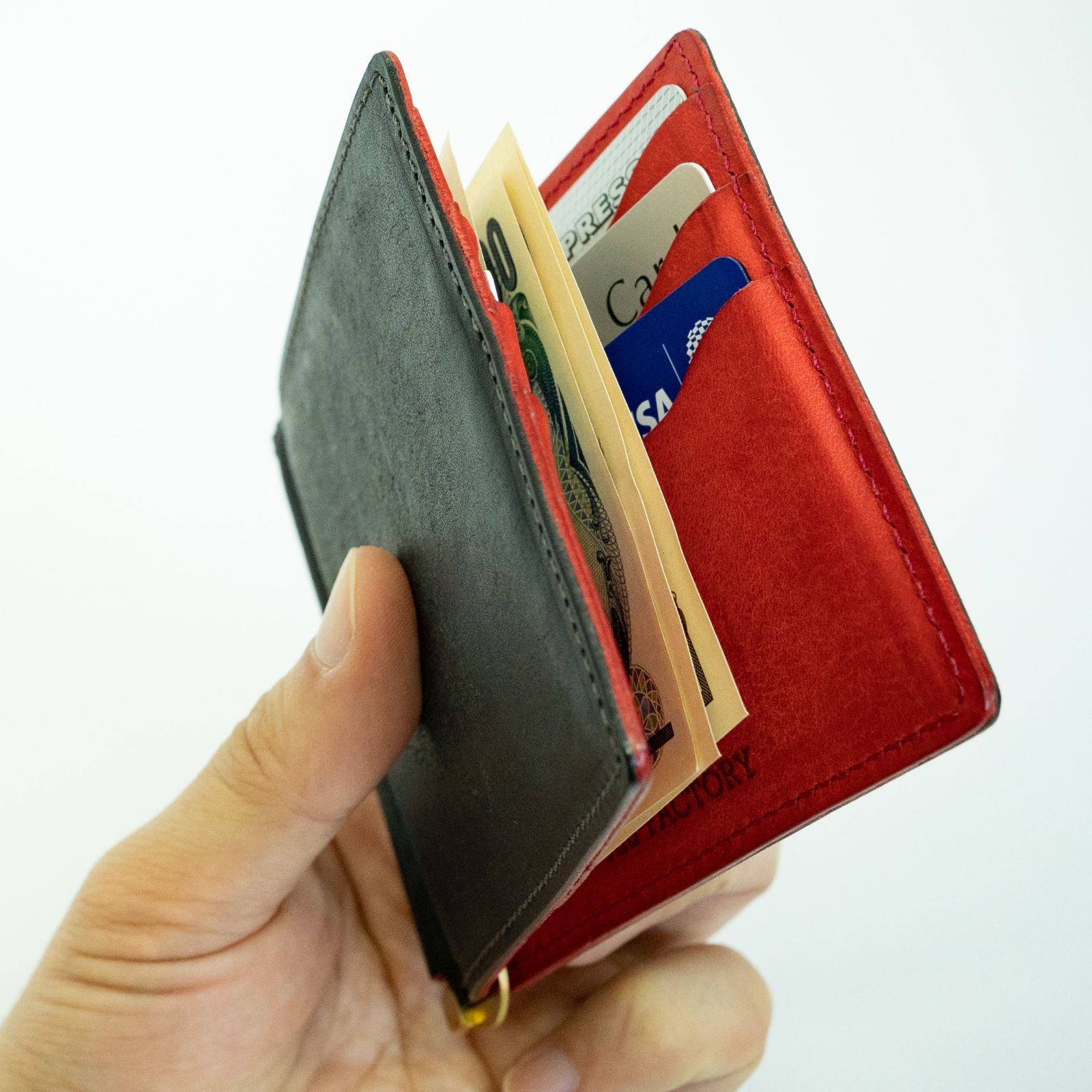 ヒズファクトリー 小銭入れ付きマネークリップ (クロ×パパベロ) HIS