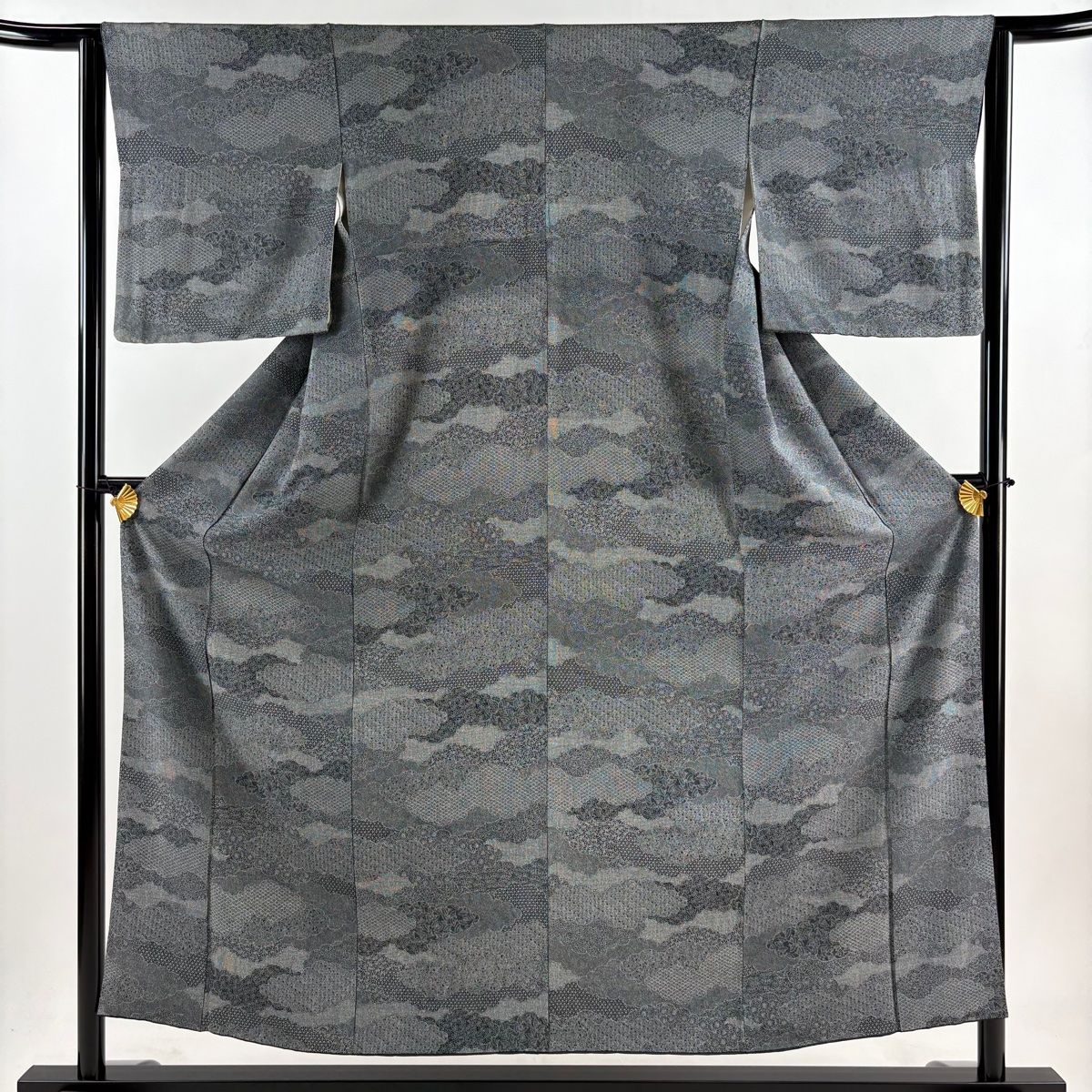 江戸小紋 身丈153.5cm 裄丈62cm S 袷 雲文 寄せ柄 黒灰 正絹 秀品