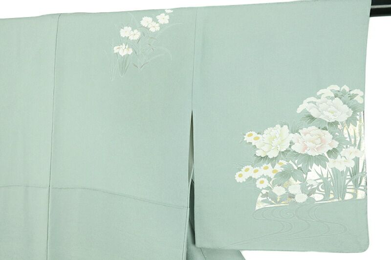 中古】訪問着 堀省平 金彩友禅 正絹 ちりめん 緑 花 牡丹 菊 杜若 観世  