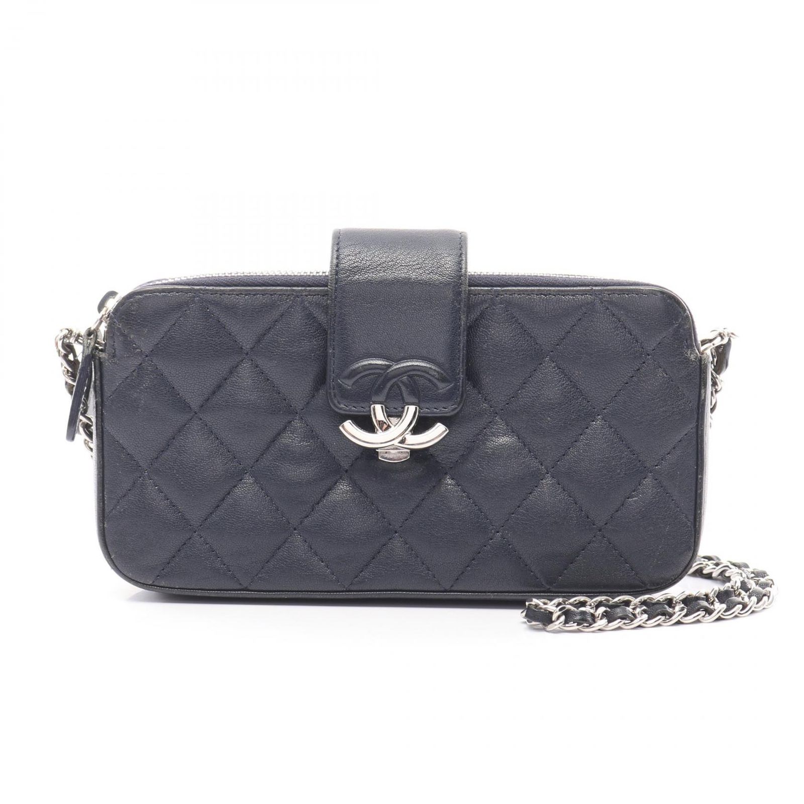 シャネル CHANEL ショルダーバッグ ハーフココマーク ネイビー レザー マトラッセ チェーンウォレット レディース Used B