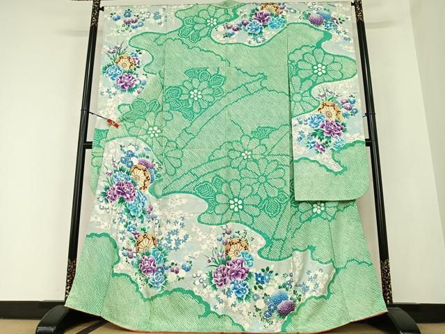 平和屋着物●豪華振袖 絞り 源氏車花文 金彩 正絹 AABC0016zg