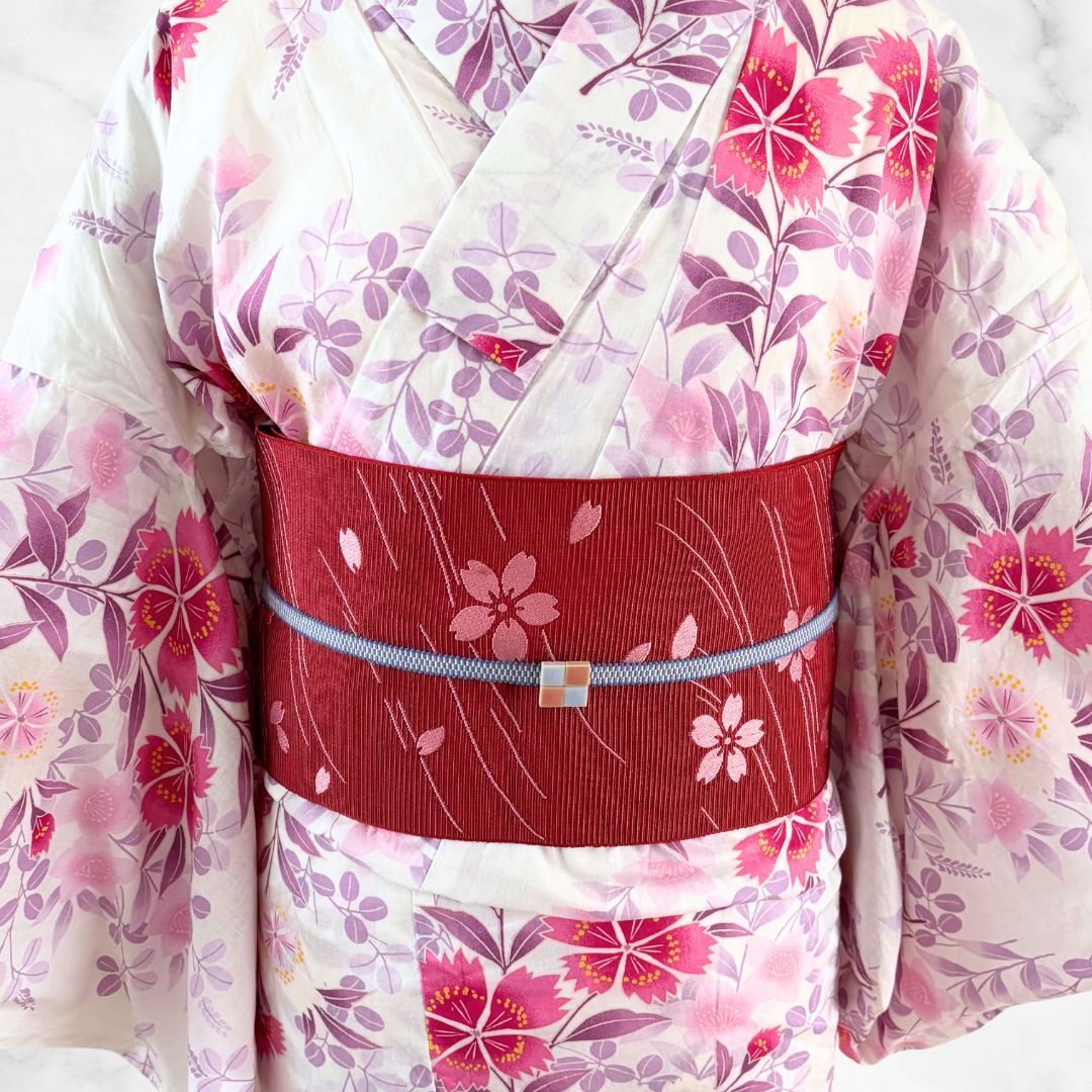 高評価のクリスマスプレゼント ピンク 白 帯留付き 帯締め 作り帯 浴衣セット 赤 身丈 花模様 着物・浴衣