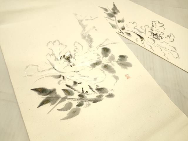 平和屋着物●九寸名古屋帯　作家物　手描き　紬地　草花文　金彩　正絹　逸品　DAAX5644cm 平和屋着物○九寸名古屋帯 作家物 手描き 紬地 草花文 金彩