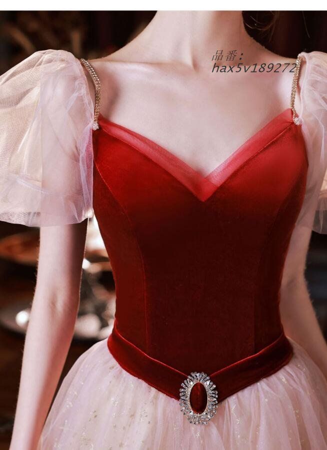 イブニングドレス ワイン赤 ベロア オシャレ ドッキング チュール パーティードレス ドレス ロングドレス パフスリーブ 結婚式ドレス ピアノ発表会 hax5v189272