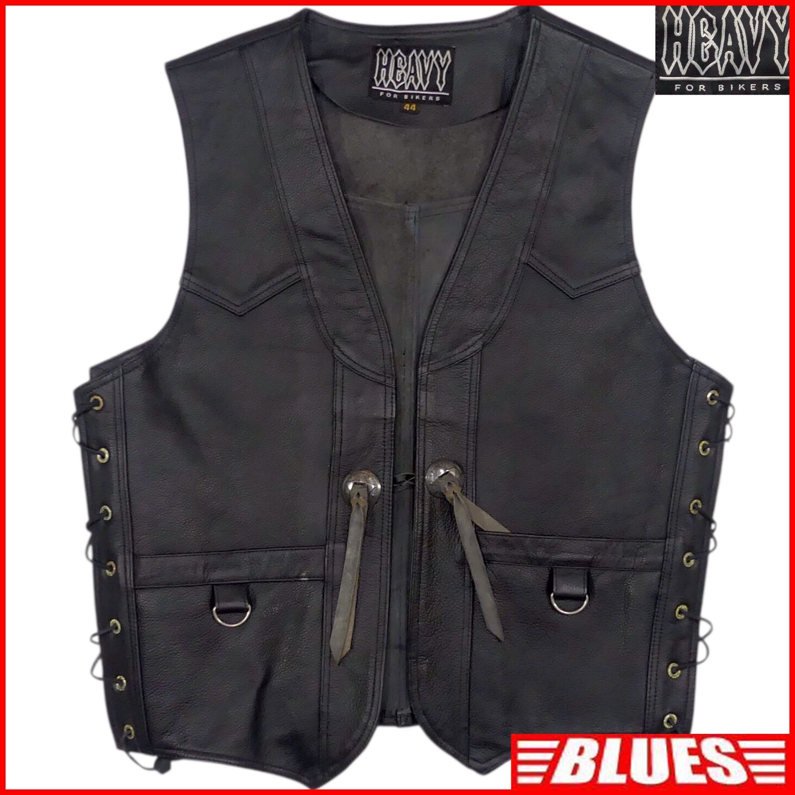 HEAVY ヘビー レザーベスト XXL ブラック 本革 バイカー サイドレースアップ 編み込み 44 メンズ ライダース ツーリング 本革 レザーベスト_サイズXXL一覧←SEULB屋着古← X8026