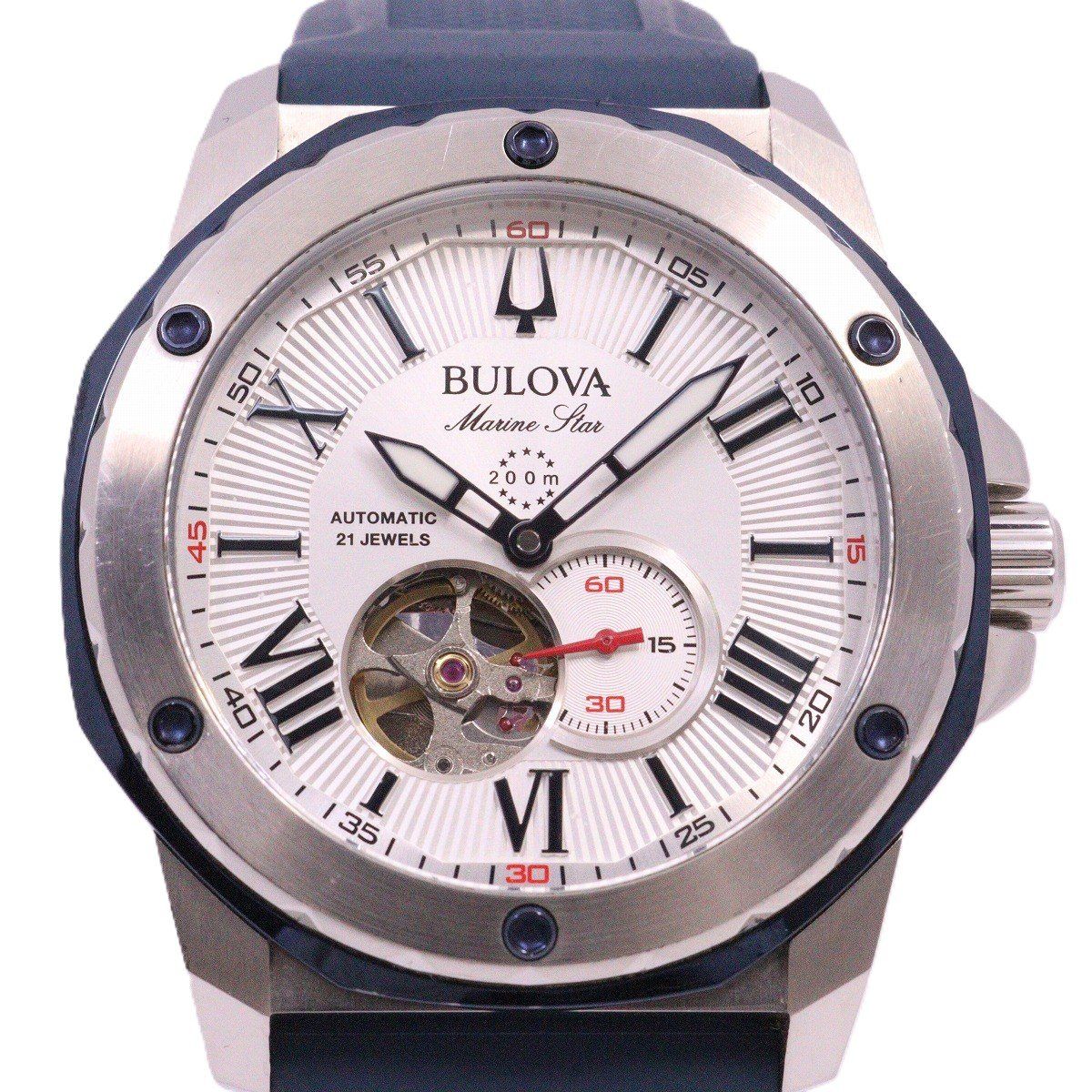 BULOVA ブローバ マリンスター 自動巻き メンズ 腕時計 セミスケルトン シルバー文字盤 純正ラバーベルト 98A282【いおき質店】 -  メルカリ