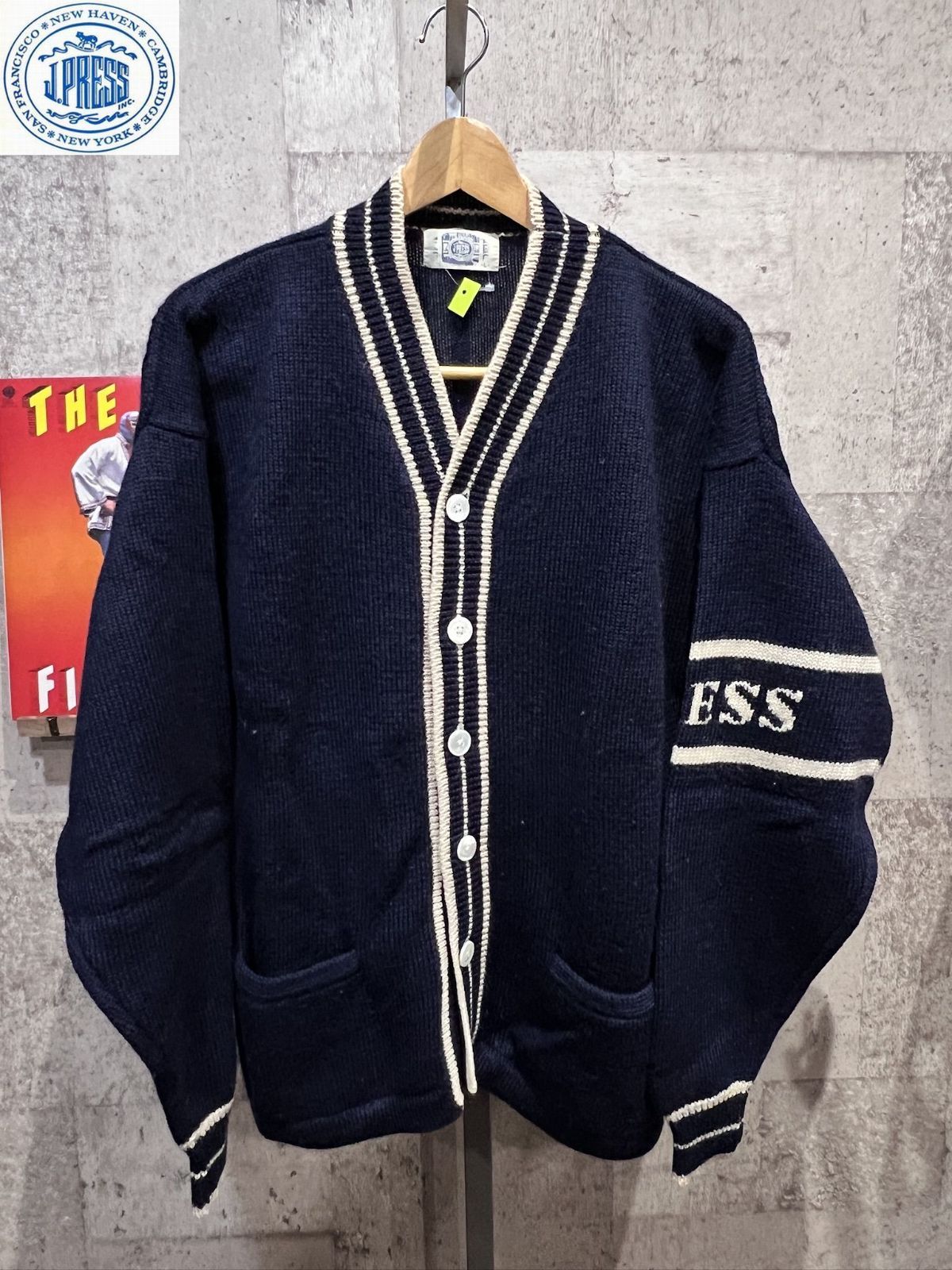 J.PRESS ウール チルデン カーディガン 紺 L メンズ ジェイプレス Jプレス