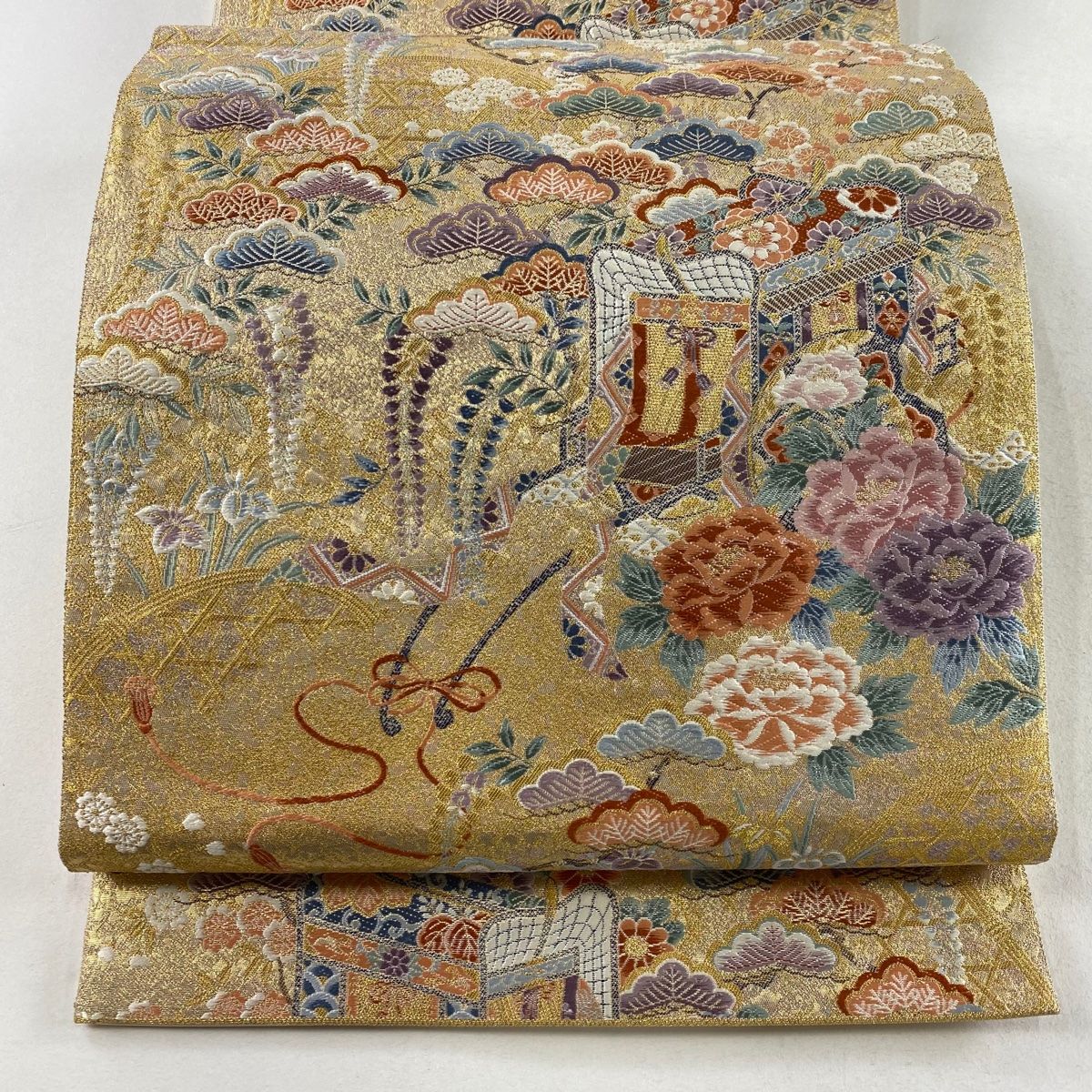 袋帯 秀品 関西仕立て 御所車 草花 金色 六通 正絹 【中古】 - メルカリ