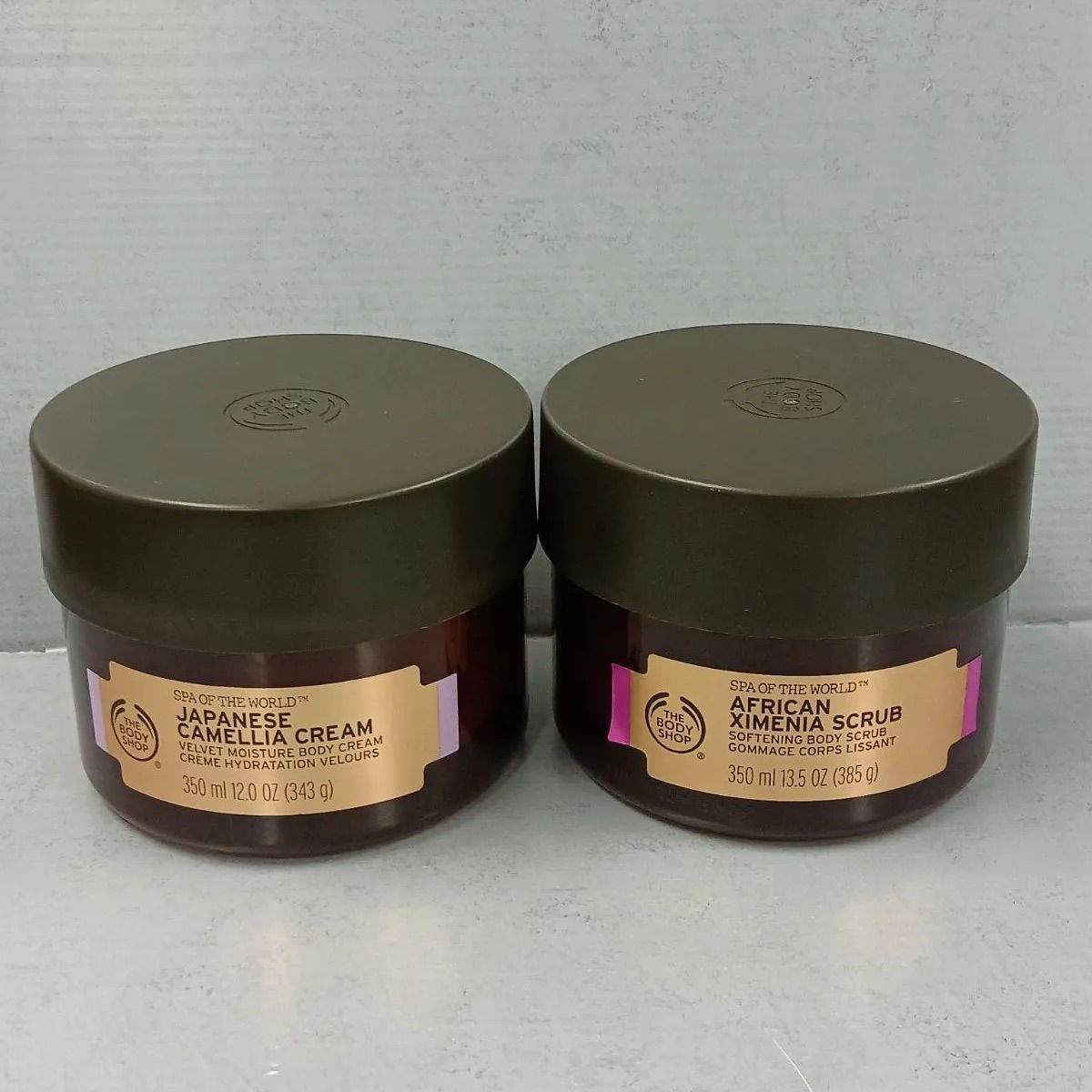 M727  THE BODY SHOP ザボディショップ ジャパニーズ ベルベットモイスチャークリーム 350mL、アフリカン ソフトニングボディスクラブ 350mL　計2点セット